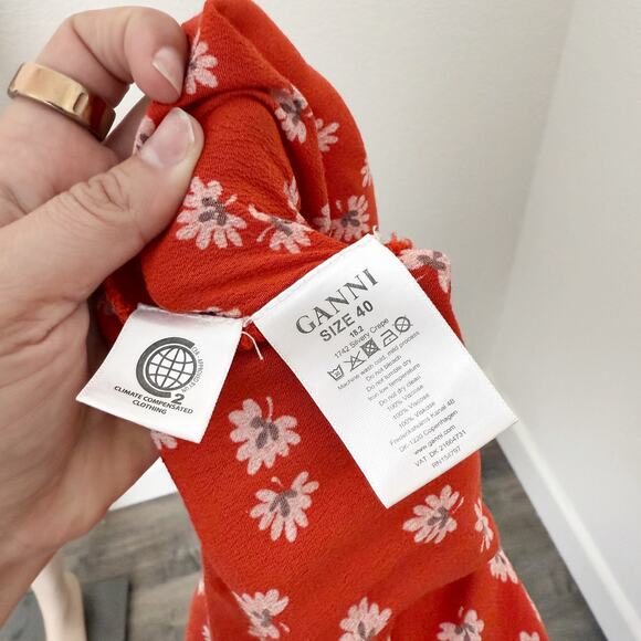 [Ganni] Silvery Crepe V-Neck Floral Print Wrap Red Apple Maxi Dress Size Large L - Picture 12 of 14